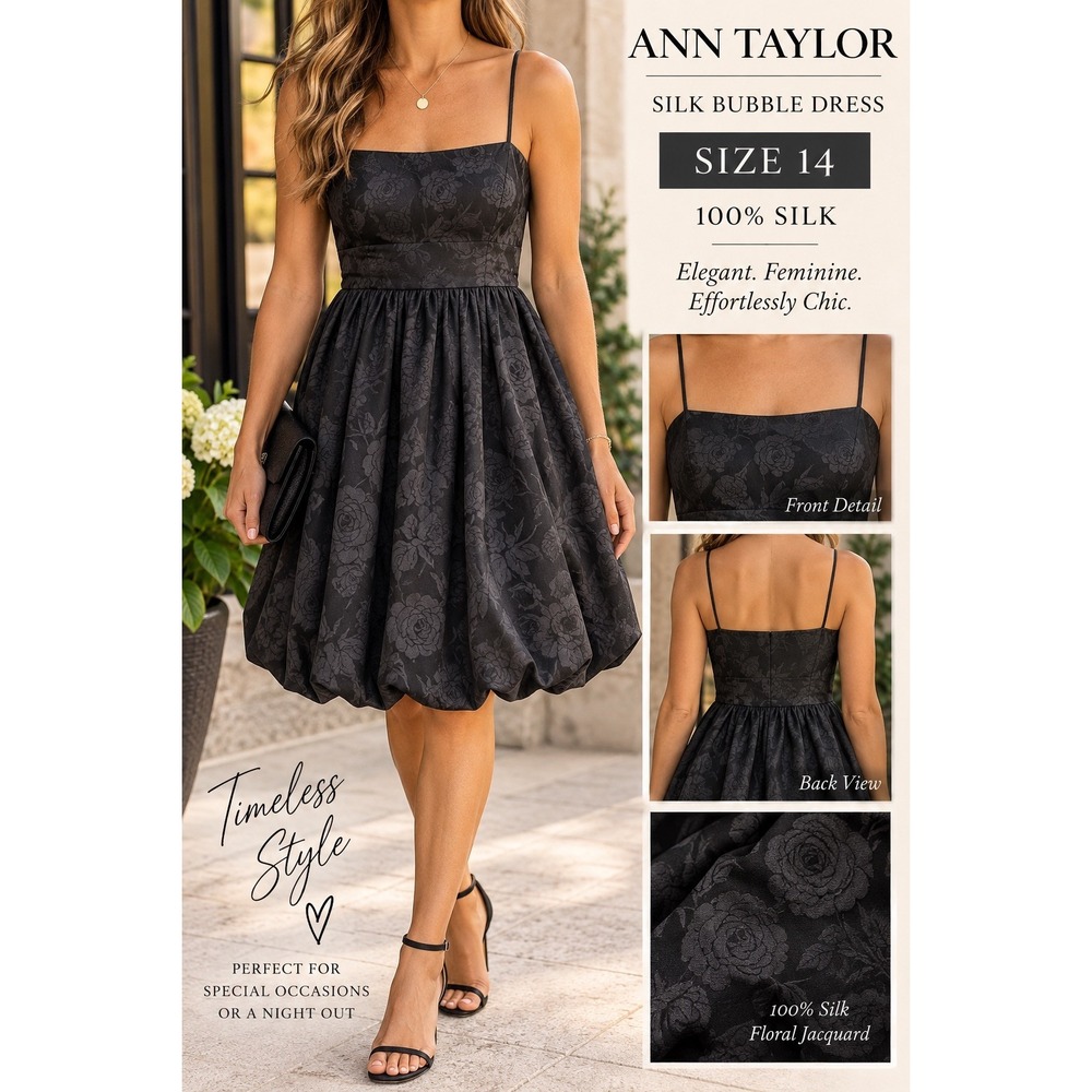 Ann Taylor 100% Silk Black Floral Jacquard Bubble Hem Cocktail Dress Size 14